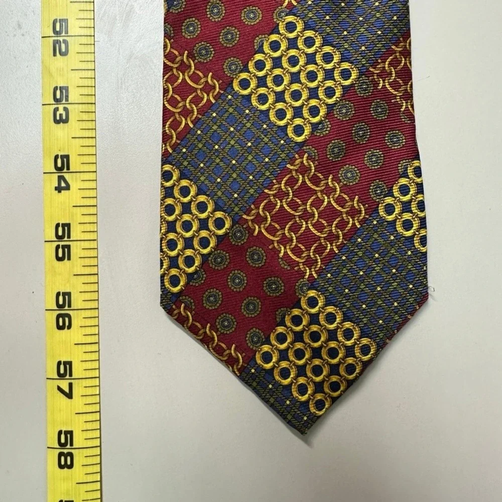Sulka France Silk Tie Burgundy Red Gold Yellow Blue Geometric Chain Patchwork